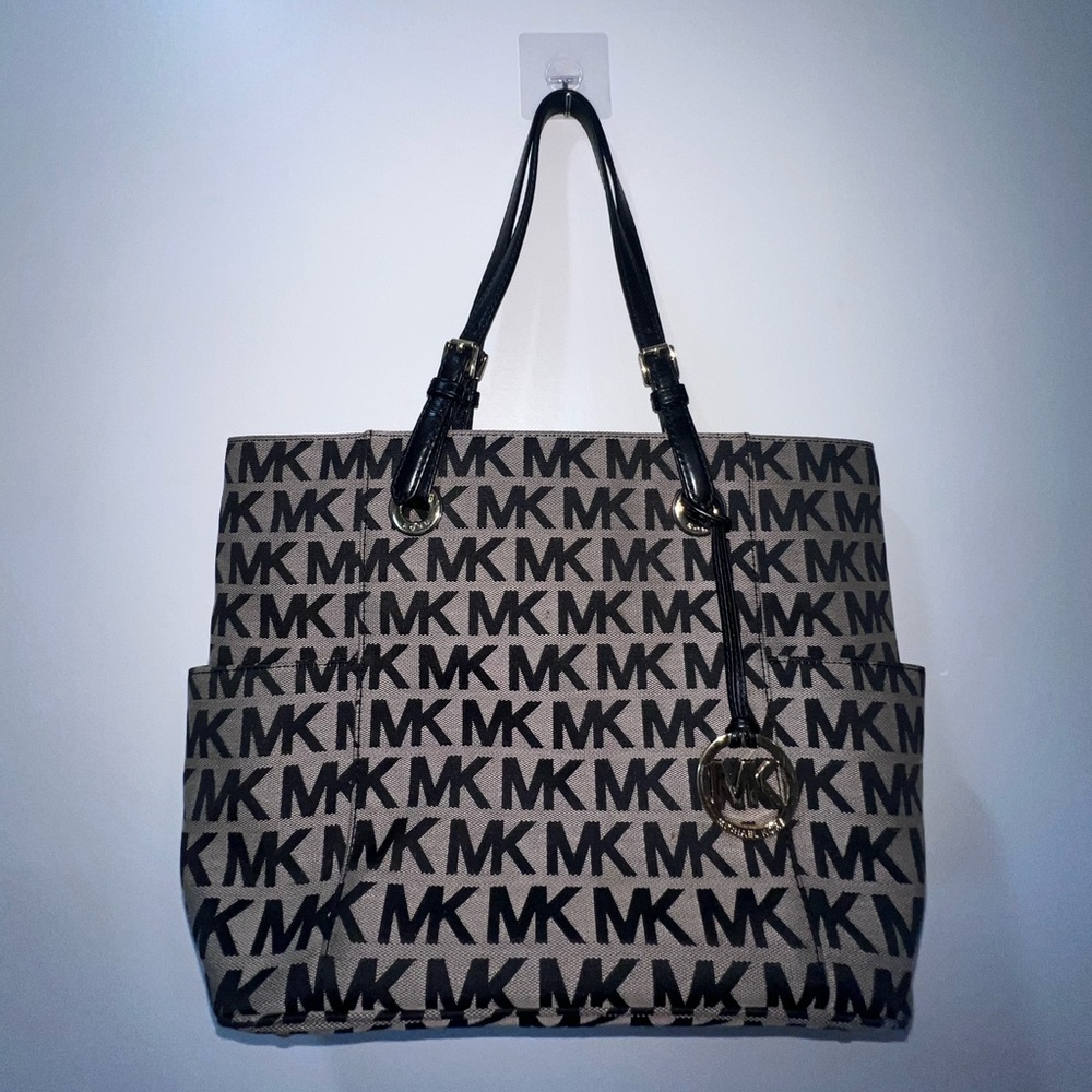 Michael Kors Women’s Beige Black Monogram Adjustable Strap Tote Bag Handbag